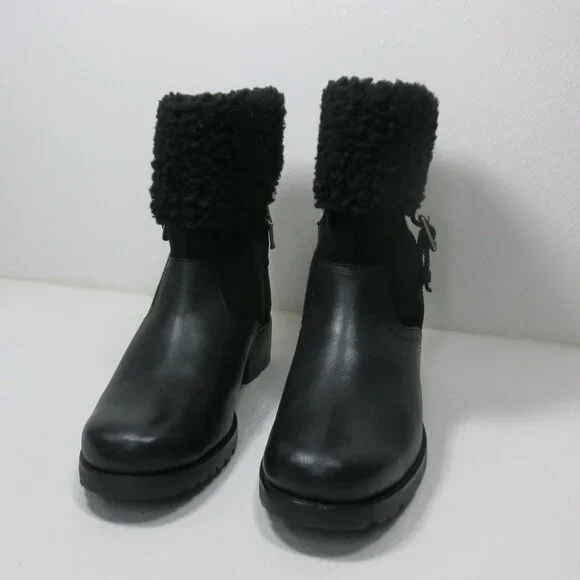 UGG Australia Black Bellevue 1914 Leather Shearling Zip Fold Over Moto Boots 7 - Picture 5 of 8